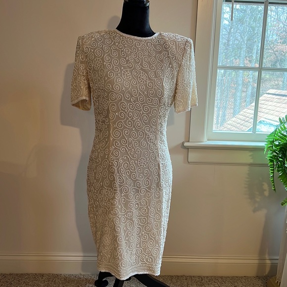Vintage Stenay beaded cream cocktail evening dress! Sz6 fully lined - Picture 1 of 8